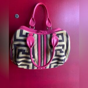 Bodhi Hot Pink Tan & Brown Patent Leather and Fabric stylish Greek Key Satchel